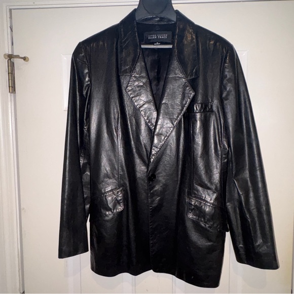 Linda Allard Ellen Tracy 100% Black Leather Jacket Notch Lapel Blazer